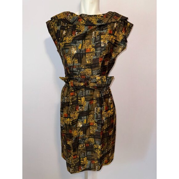 Vtg 60s Brown Orange Abstract Sheath Dress Bow Belted Secretary Womens Size S - Picture 2 of 6